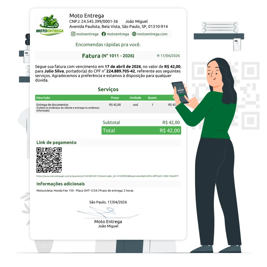 Exemplo de fatura em PDF gerada pelo aplicativo Alvo Recibo com QR Code para pagamento