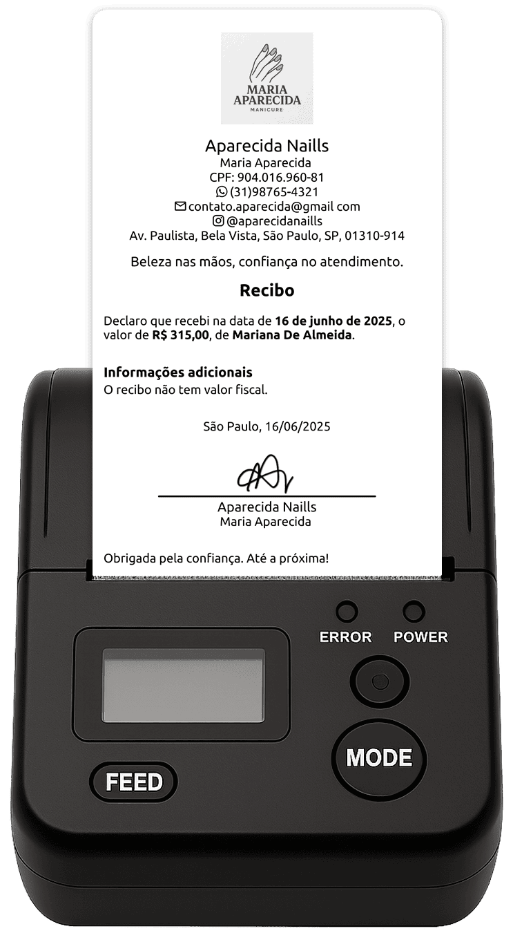 Impressora térmica portátil conectada via Bluetooth imprimindo recibo