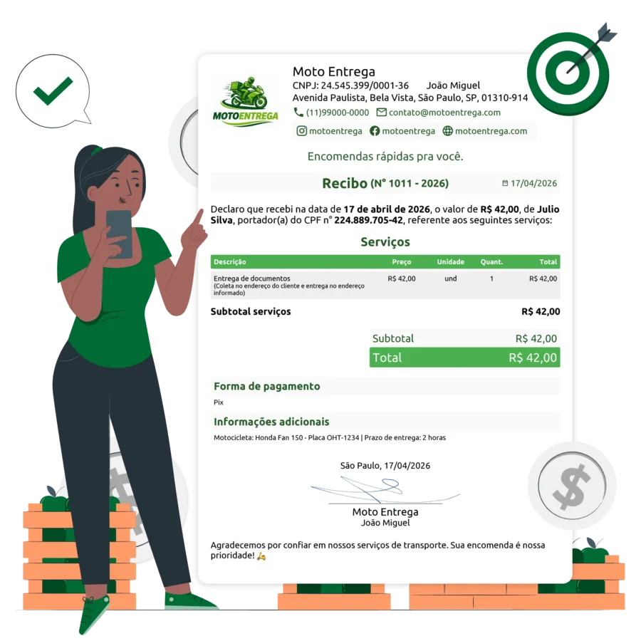 Exemplo de recibo em PDF gerado pelo aplicativo Alvo Recibo com personalização completa