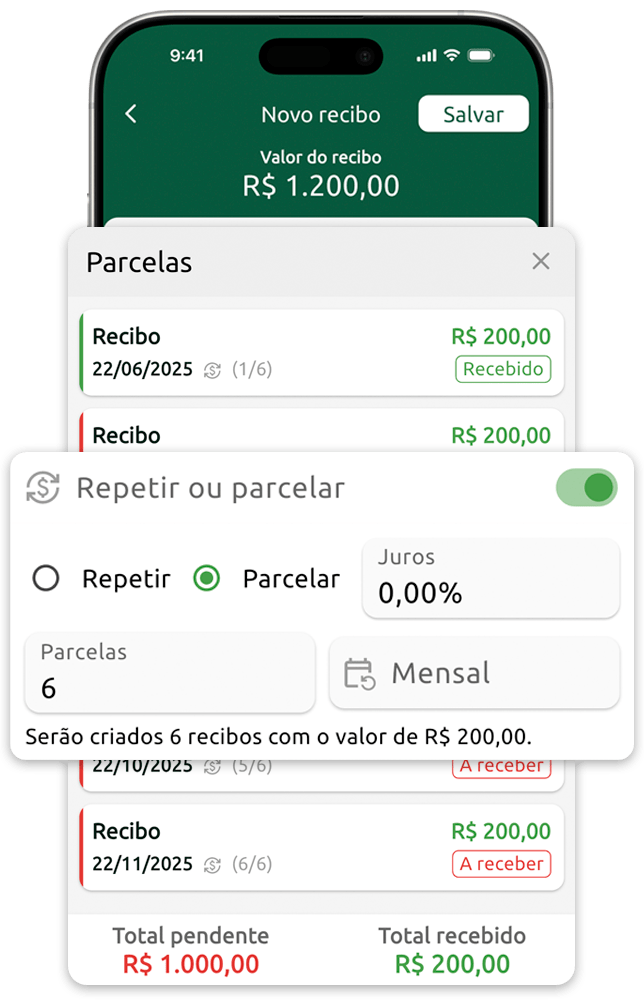 Tela mostrando gestão de recibos parcelados e recorrentes no Alvo Recibo