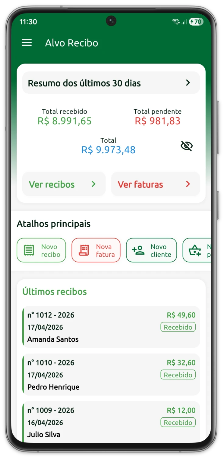 Tela inicial do aplicativo Alvo Recibo exibindo interface para criar e gerenciar recibos
